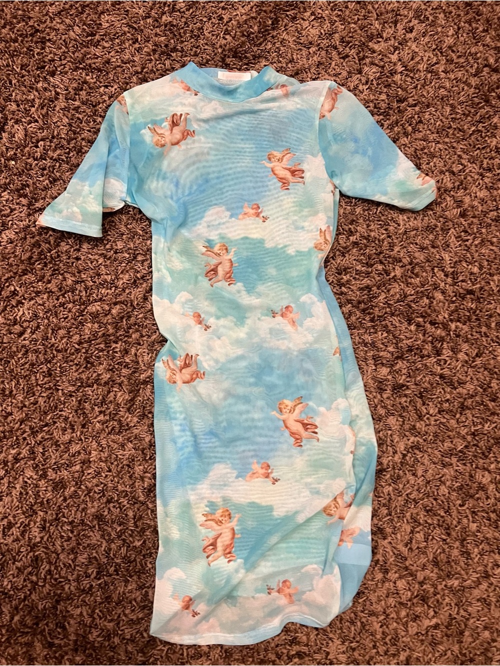 Black Bead Blue Angel Print Midi Dress